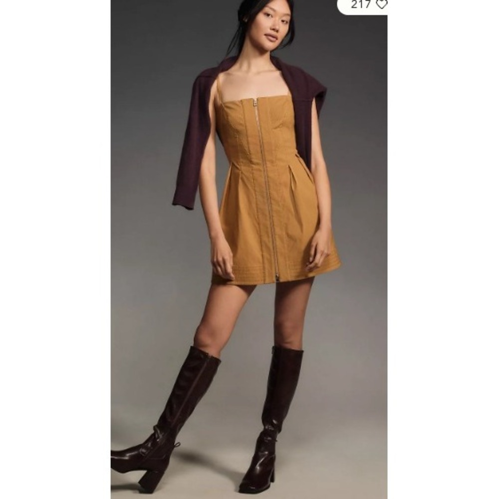 Maeve Anthropologie Tan Corduroy Zip Front Mini Dress XL Mustard Linen Blend
